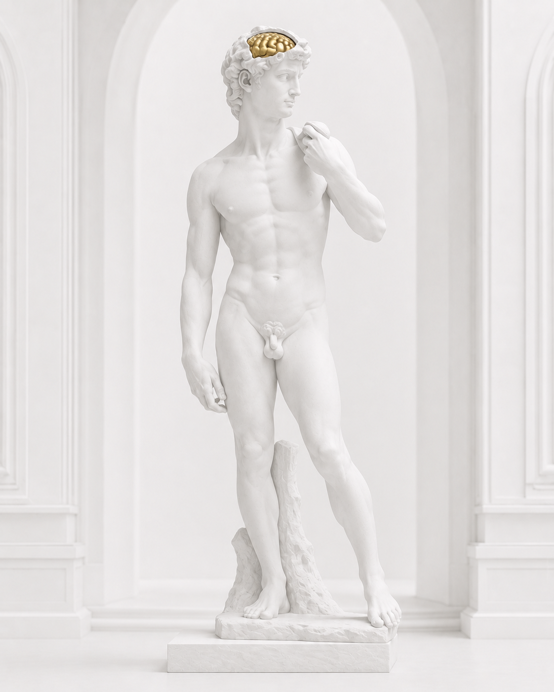 Marble David sculpture with a gilded golden brain