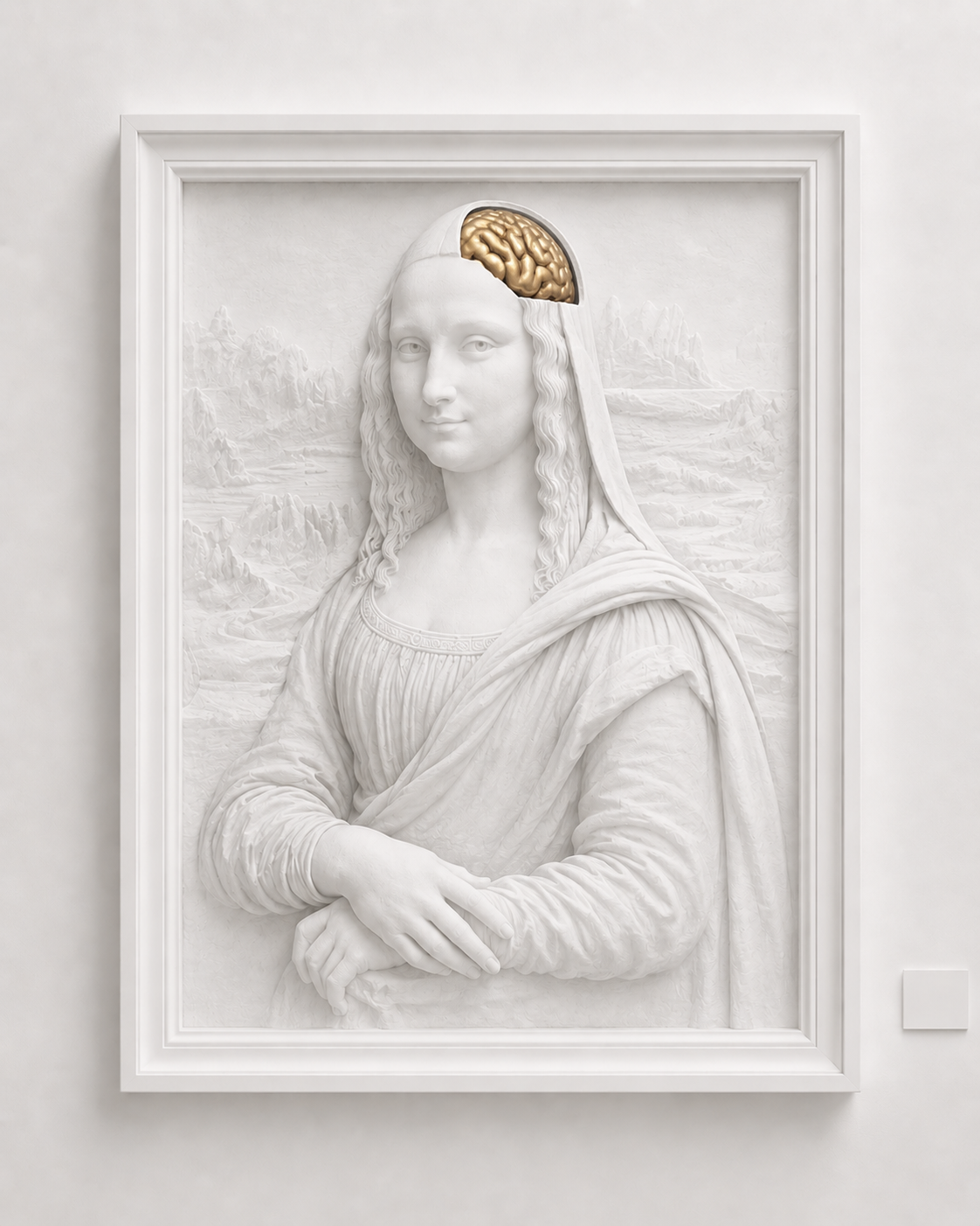 A marble relief of the Mona Lisa with a gilded golden brain, framed on a gallery wall