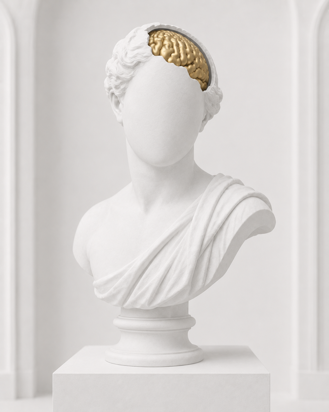 Classical marble bust with a gilded golden brain