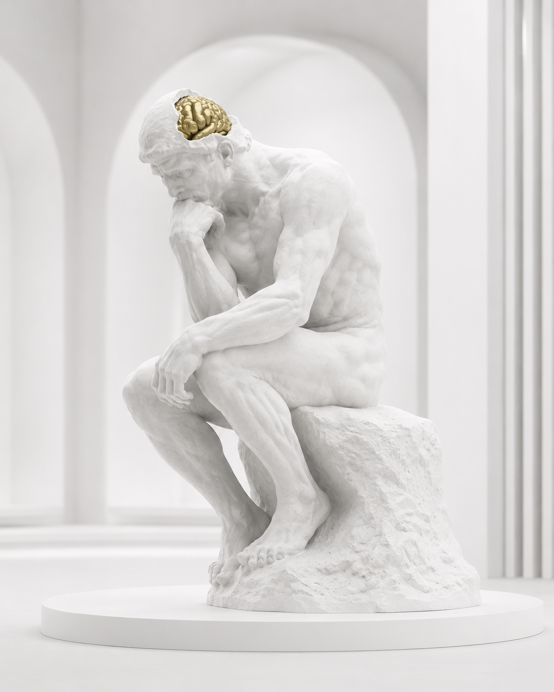 A classical marble Thinker sculpture with a gilded golden brain